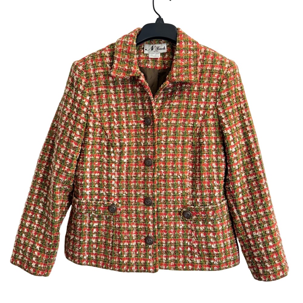 N Touch Petite Womens Size 6P Multi Color Tweed Blazer Jacket Rust Green